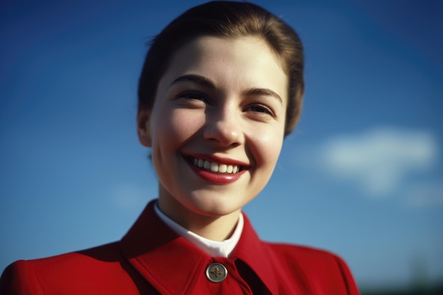 Happy young air hostess in a red suit against a blue sky looking at the camera Generative AI AIG21