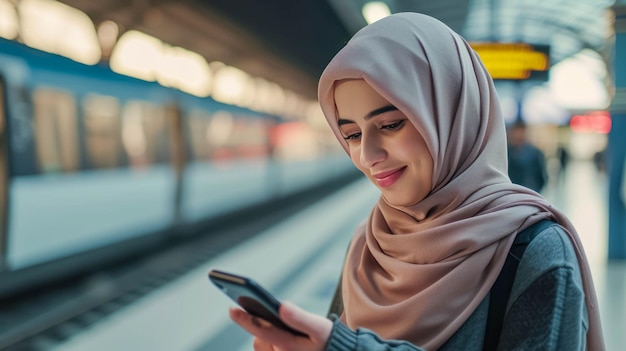 Happy Young Arab Woman Texting On Smart Phone at Train Station