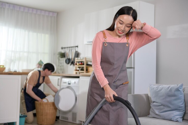 Photo 幸せな若いアジア カップル クリーニング ホーム一緒に健康的なライフ スタイルのコンセプト