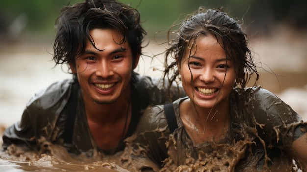 Happy young asian couple having fun in the mud on a river bank