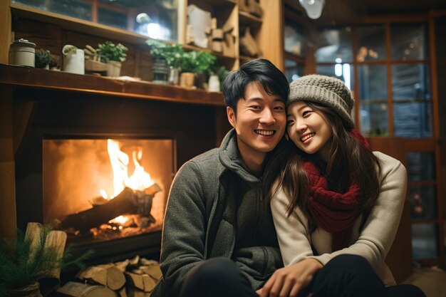 Happy young asian couple hugging near fireplace in winter forest cabin AI Generated Content