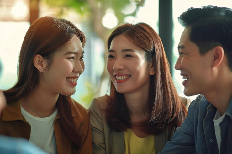 행복한 젊은 아시아 커플과 부동산 대리인
