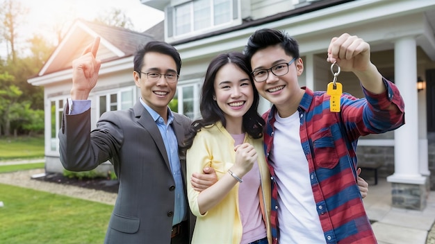 Happy young asian couple and realtor agent
