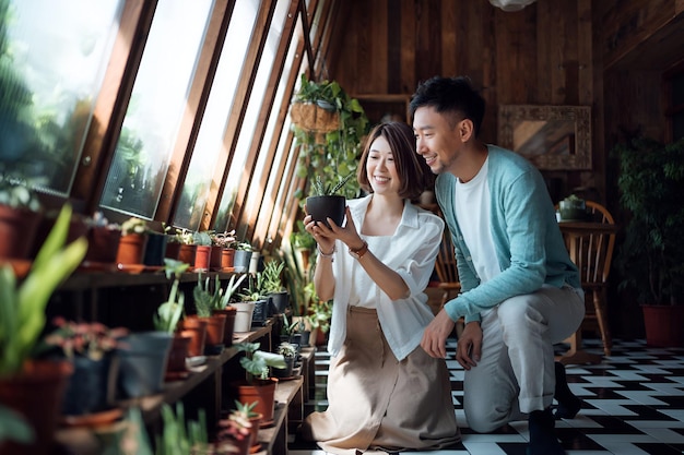 Happy young asian couple taking care of plants together at balcony at home enjoying their time at cozy home going green lifestyle