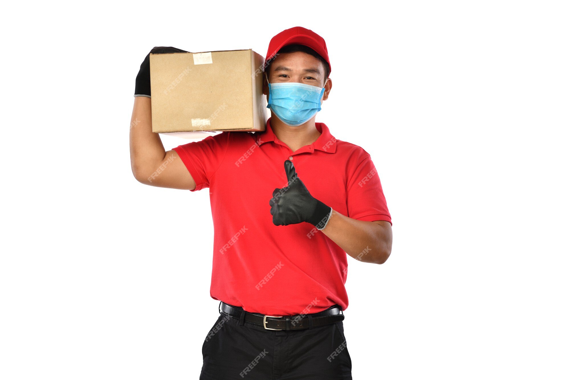 Quality Service. Delivery Man Wearing Mask and Gloves Due To the