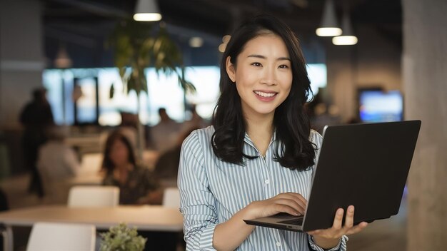 Happy young asian lady showing display of laptop computer