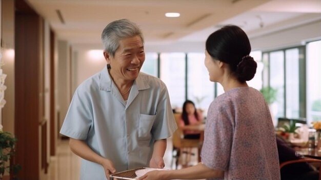 写真 幸せな若いアジア人理学療法士が老人ホームの廊下で住民に挨しています
