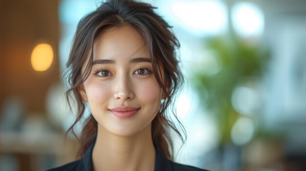 A happy young Asian sales woman holds a digital tablet in her hands as she welcomes a client to the office A smiling female executive manager and secretary offer professional services with a digital