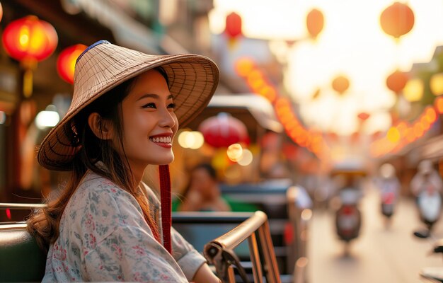 Счастливый молодой азиатский турист наслаждается поездкой по азиатскому городу в открытом автобусе - туктуке