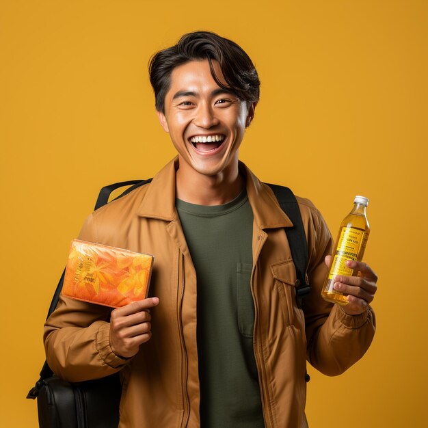 Happy young asian tourist man holding passport and boarding pass