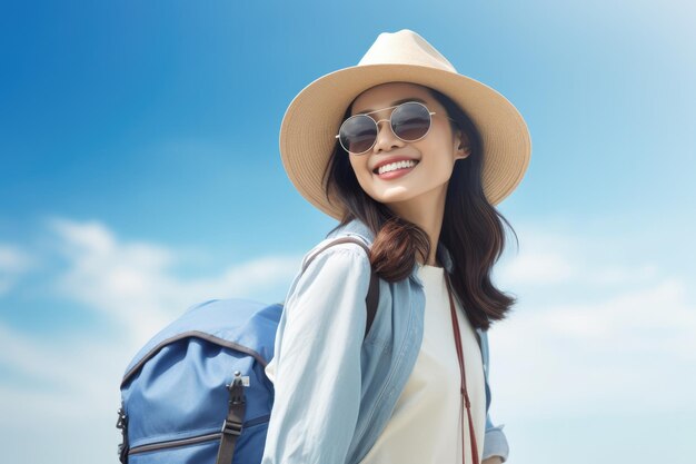 Happy young asian tourist woman wearing beach hat sunglasses and backpacks going to travel on holidays on blue background