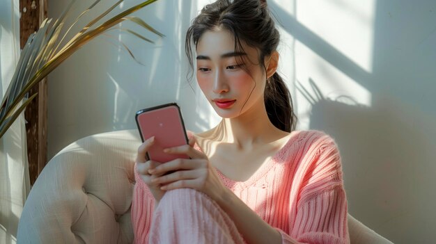 Happy young asian woman relax on comfortable couch at home