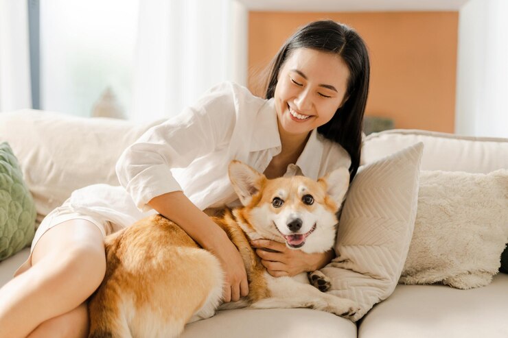 Photo 幸せな若いアジア人女性がコーギー犬と快適なソファでリラックスしています