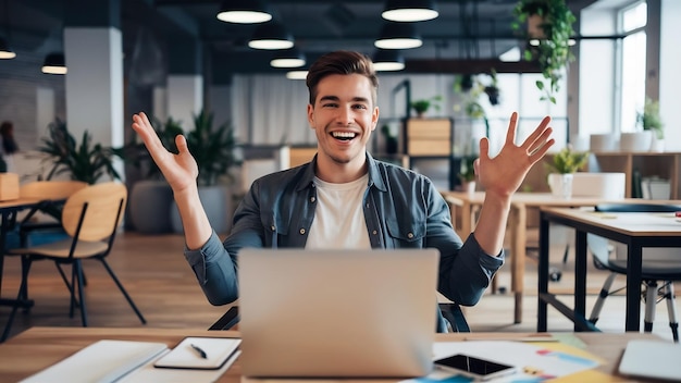 Happy young attractive smiling man sitting in co working open office holding laptop