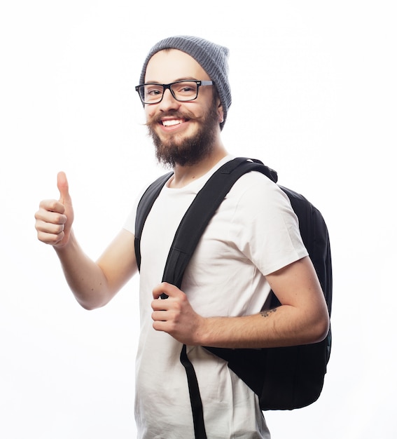 Happy young bearded man