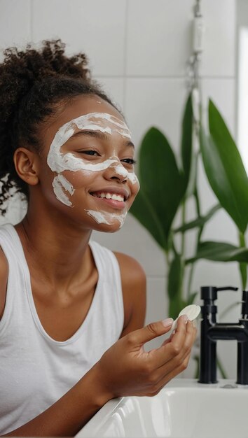 Photo happy young beautiful african american woman taking care of her facial skin