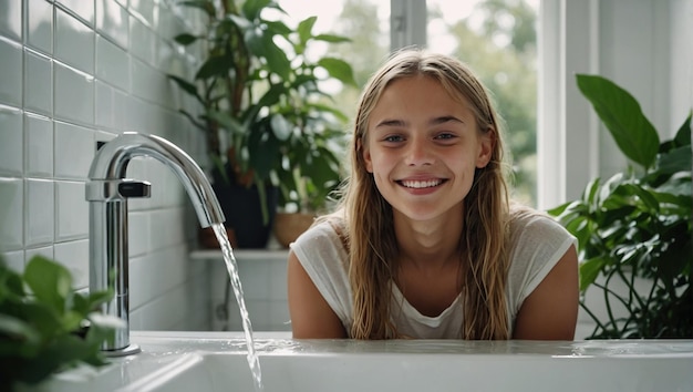 Happy young beautiful Caucasian woman takes care of her facial skin