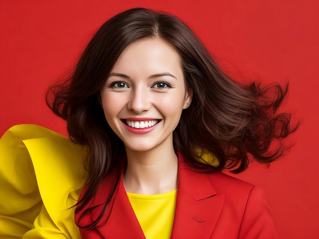 Happy young beautiful girl who is smiling and laughing red bright clothes with red color background