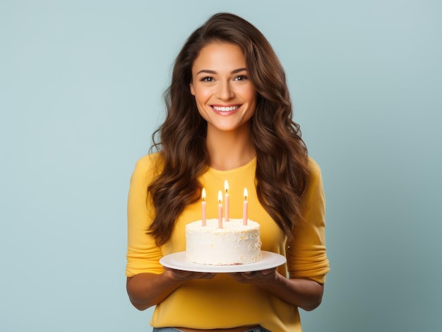 Happy young beautiful woman holding a big birthday cake with candles