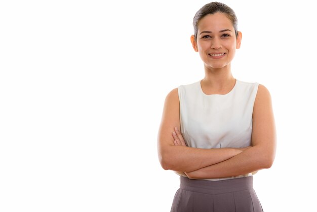 happy young beautiful woman smiling with arms crossed