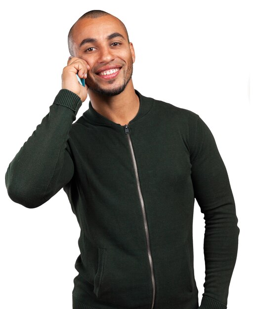 Happy young black african man with cell phone