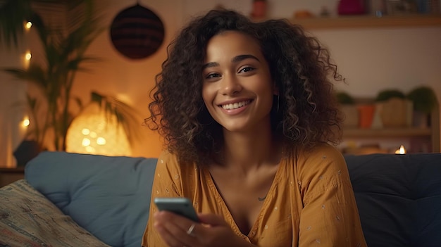 Happy young black African woman holding cell phone laughing feeling joy getting mobile