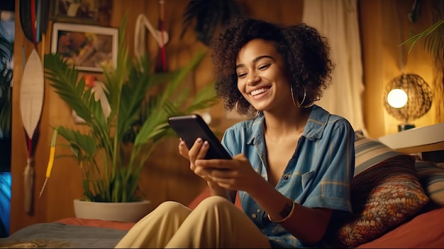 Happy young black African woman holding cell phone laughing feeling joy getting mobile