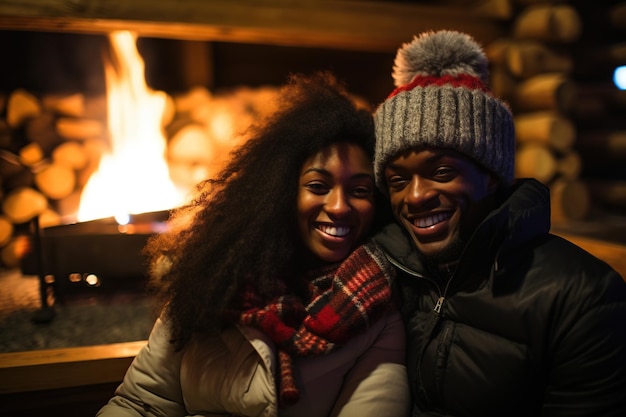 Happy young black couple hugging near fireplace in winter forest cabin AI Generated Content