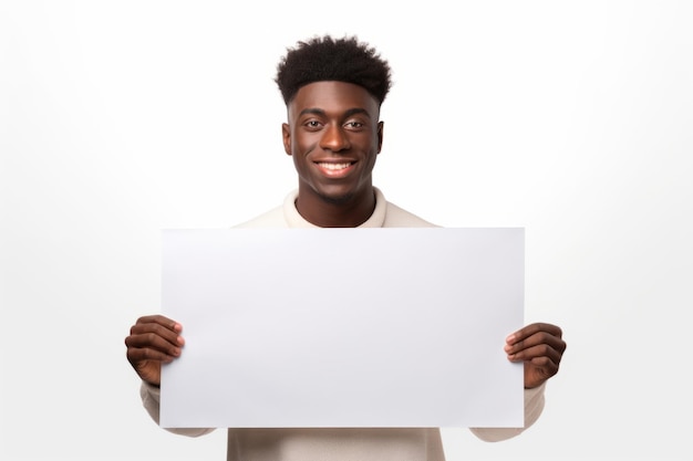 Happy young black man holding blank white banner sign isolated studio portrait