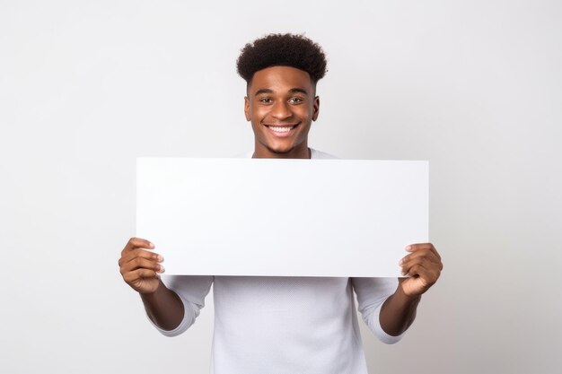 Happy young black man holding blank white banner sign isolated studio portrait