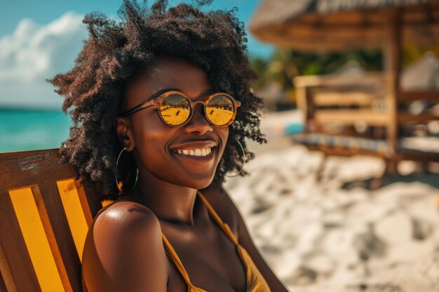 Happy young black woman enjoying vacation at tropical beach