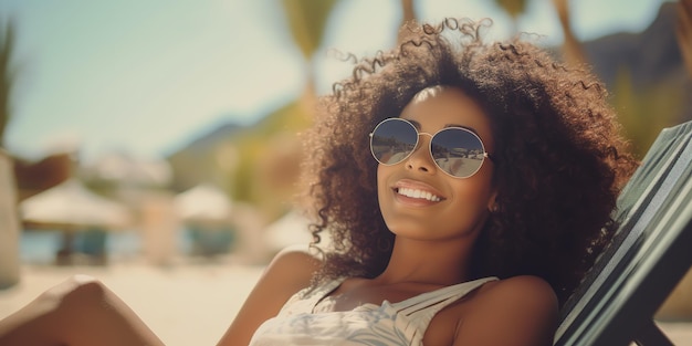 Happy young black woman relaxing on sun lounger on the beach wearing glasses