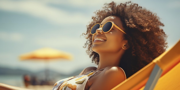 Happy young black woman relaxing on sun lounger on the beach wearing glasses