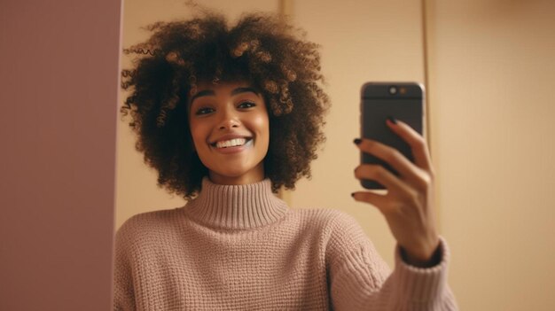 happy young black woman in stylish sweater leaning on wall and taking selfie via smartphone