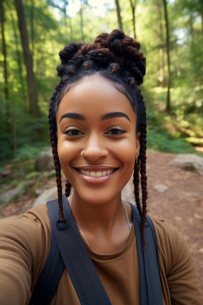 Foto giovane donna nera felice che fa un selfie mobile in mezzo al pittoresco paesaggio forestale