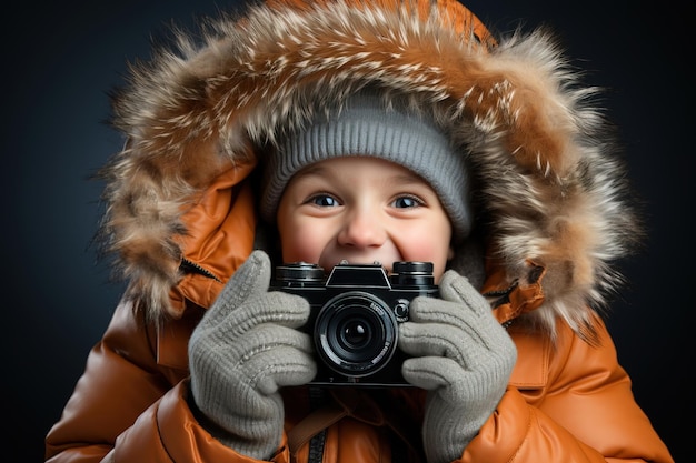 Happy young boy photographer smiling with analog film camera wearing winter jacket hood and woole