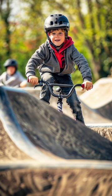 Photo happy young boy skater style trains with bike on pump track course wide smile on his face