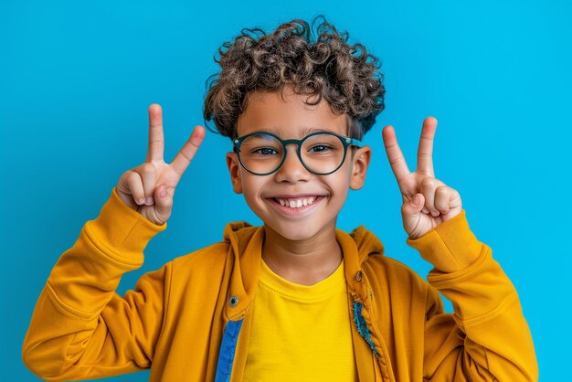 Photo a happy young boy with eyewear isolated on bright background