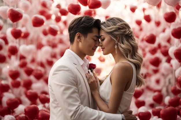 Happy young bride and groom surrounded by rose petals