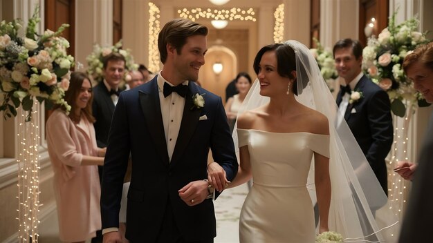 Happy young bride and groom walking down the corridor