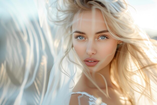 Photo happy young bride in white dress and veil posing on roof