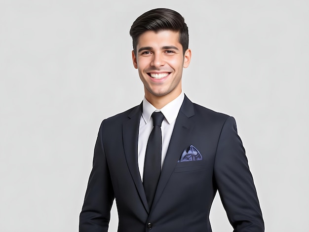 A happy young business man smiling on grey background