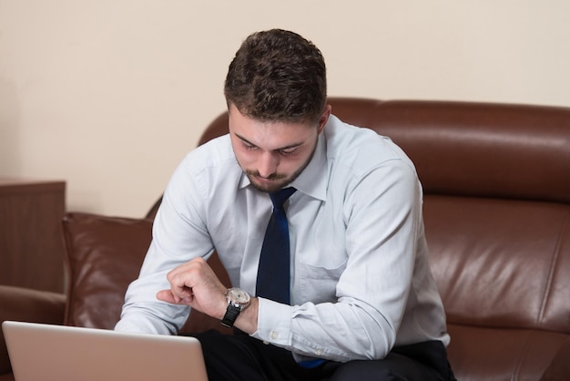 Happy Young Business Man Work In Modern Office On Computer