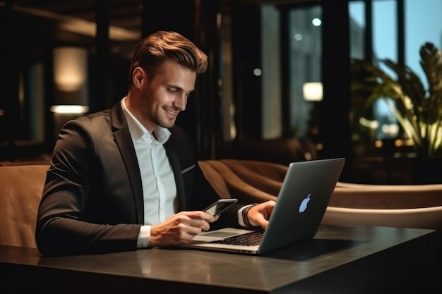 Happy young businessman using laptop and talking on smartphone in hotel