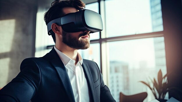 Happy young businessman using virtual reality headset in the office Generative Ai