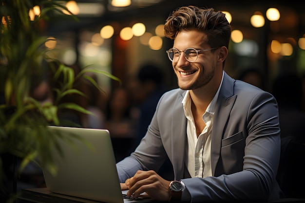 Happy young businessman with laptop in office