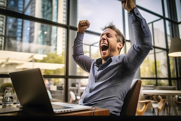 Photo happy young businessman with laptop in office