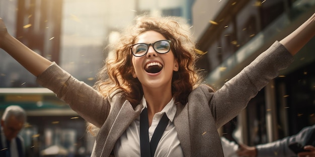 happy young businesswoman with arms raised excited generative AI