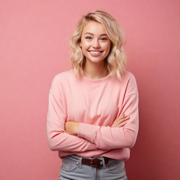 A happy young casual blonde girl standing isolated over a pink wall arms folded