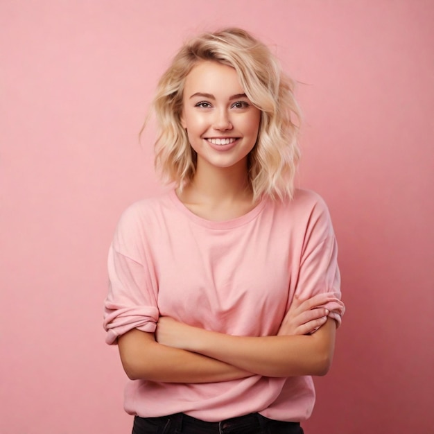 A happy young casual blonde girl standing isolated over a pink wall arms folded